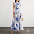 Blue Printed Crew Neck Lantern Sleeves Flowing Ruffles Dress