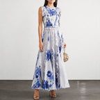 Blue Printed Crew Neck Lantern Sleeves Flowing Ruffles Dress