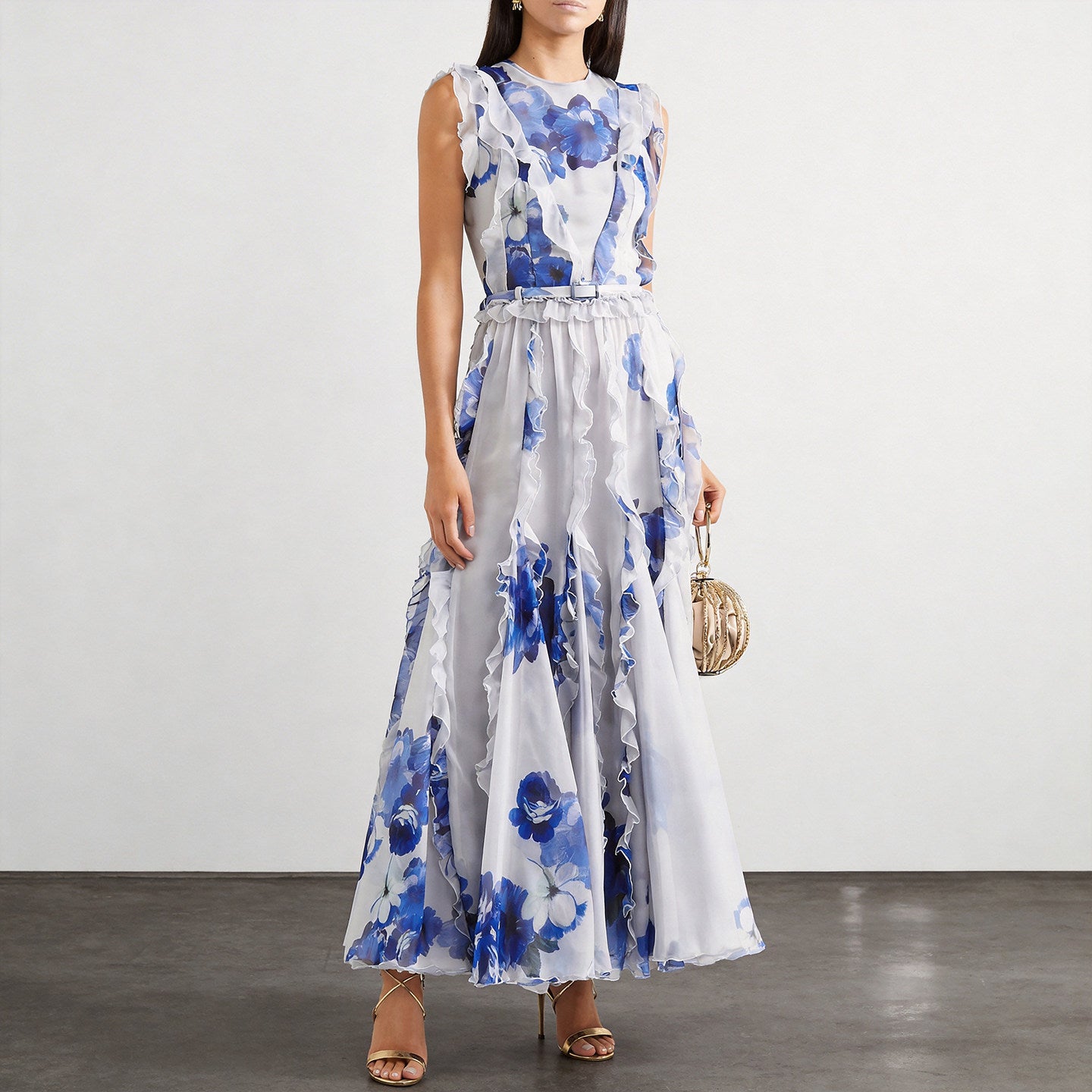 Blue Printed Crew Neck Lantern Sleeves Flowing Ruffles Dress