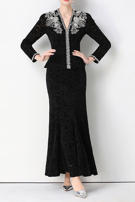 georgia Beaded V-neck lace top & fishtail skirt set - black