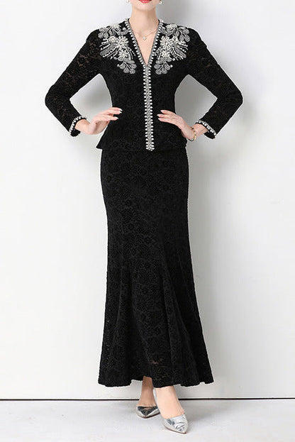 georgia Beaded V-neck lace top & fishtail skirt set - black