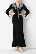 Georgia Beaded V-Neck Lace Top & Fishtail Skirt Set - Black