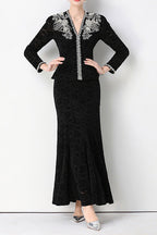 Georgia Beaded V-Neck Lace Top & Fishtail Skirt Set - Black