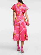 french satin pink dress women's vintage long temperament print maxi skirt niche single-breasted skirt new
