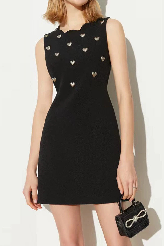 Scalloped Neck Heart Stud Sleeveless Black Mini Dress