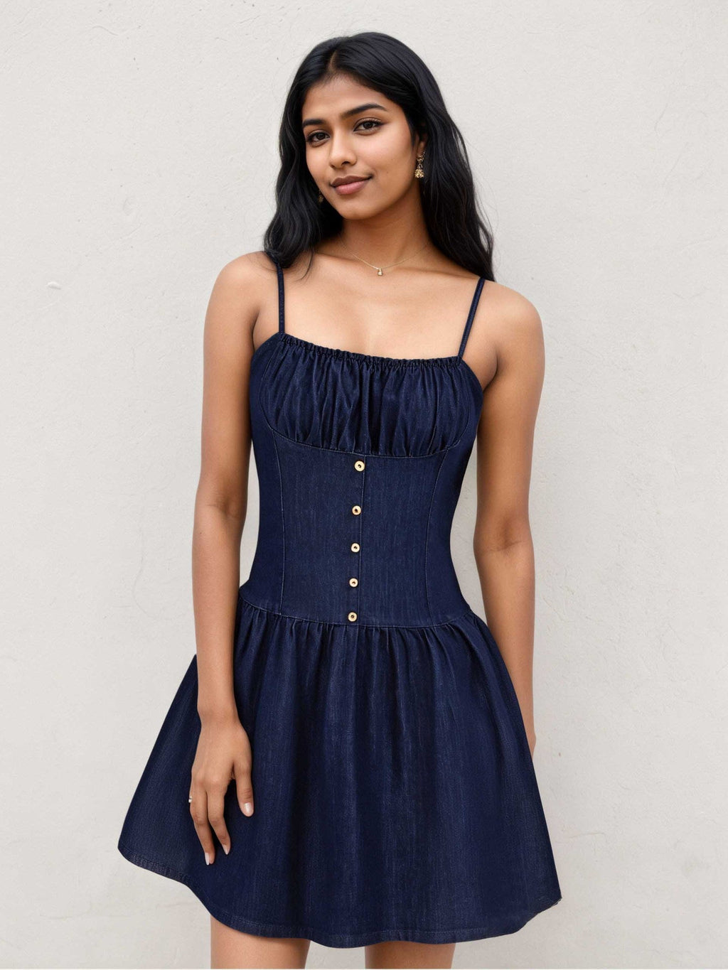 Flowering Girl Women Dark Denim Spaghetti Strap Square Neck Button Front Fit And Flare Mini Dress Summer Casual Dress