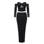 Flowering Girl Women Black mesh rhinestone pleated strapless top maxi skirt two-piece set