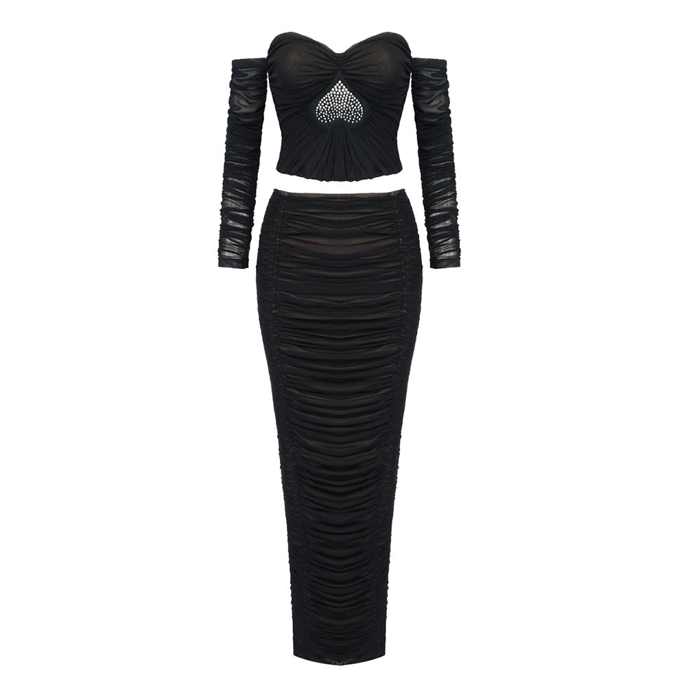 Flowering Girl Women Black mesh rhinestone pleated strapless top maxi skirt two-piece set