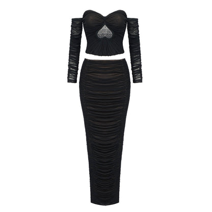 Black mesh rhinestone pleated strapless top maxi skirt two-piece set