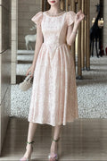 Flowering Girl Women pearl neck Puff sleeve flared lace midi dress - pink