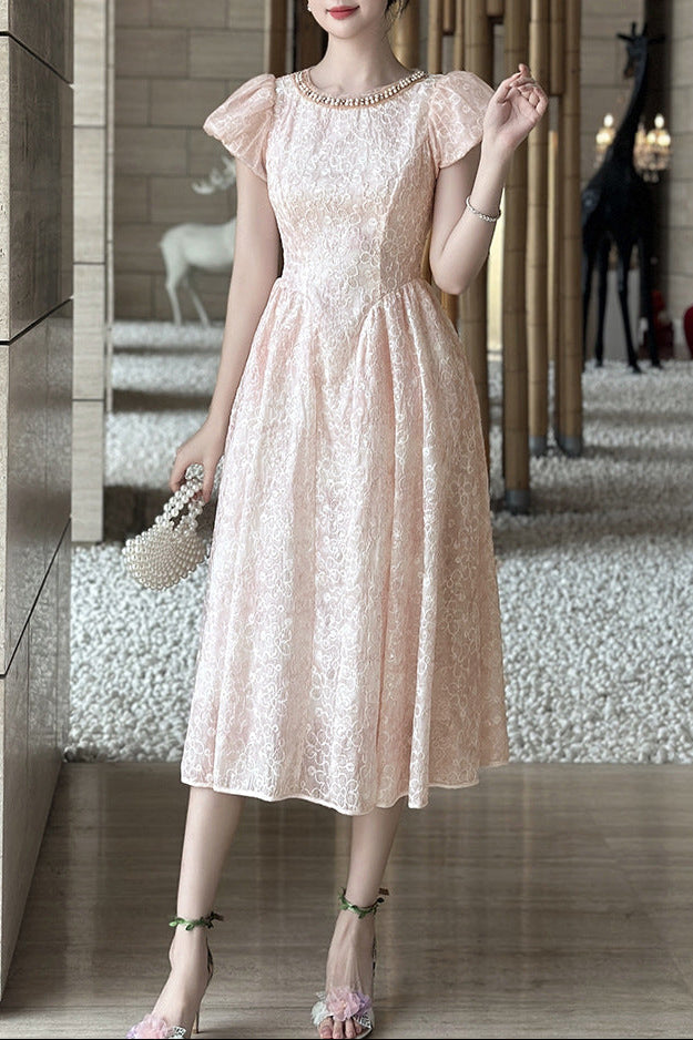 Flowering Girl Women pearl neck Puff sleeve flared lace midi dress - pink
