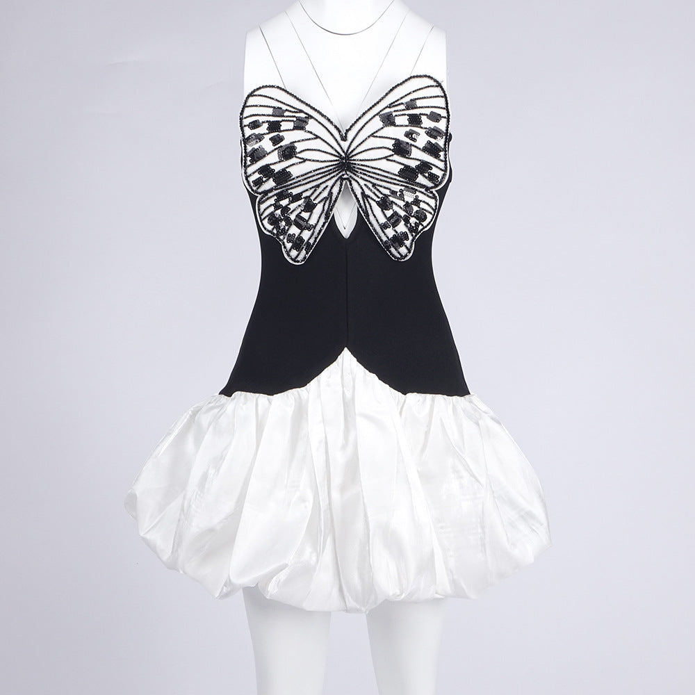 Flowering Girl Women Butterfly Embroidered Bodice Puffball mini Dress in black