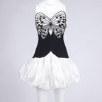 Flowering Girl Women Butterfly Embroidered Bodice Puffball mini Dress in black