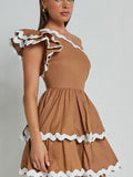 Flowering Girl Women off-the-shoulder wave contrast edge cascading dress