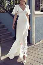 White irregular V-neck, backless long skirt, flared sleeves, elegant dress skirt, waist slimming, satin dress