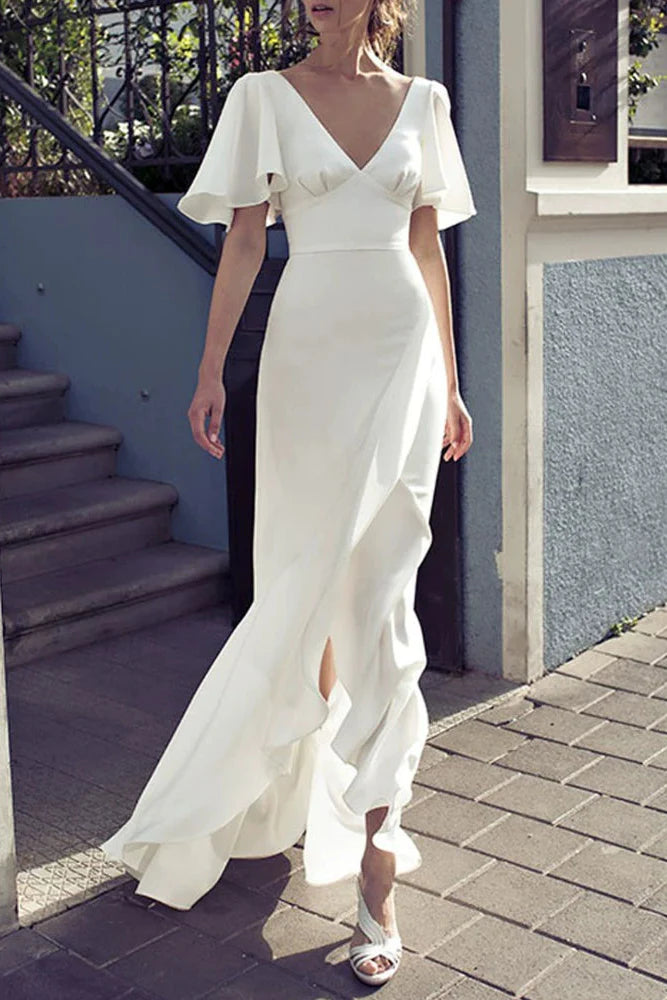 White irregular V-neck, backless long skirt, flared sleeves, elegant dress skirt, waist slimming, satin dress