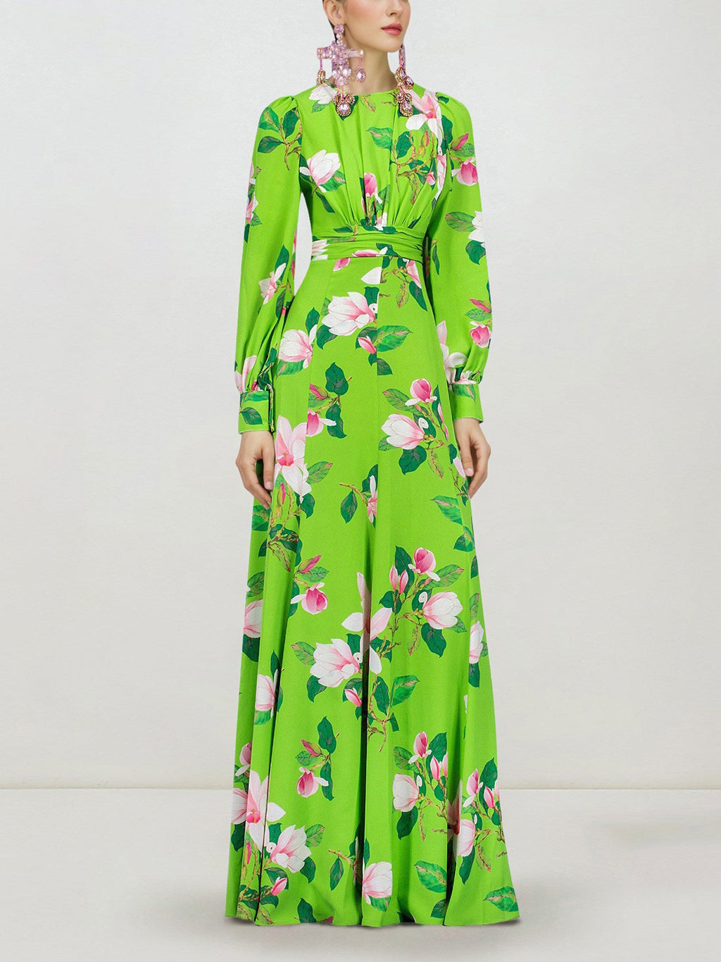 Green Floral Satin Long Sleeve Maxi Dress