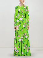 Green Floral Satin Long Sleeve Maxi Dress