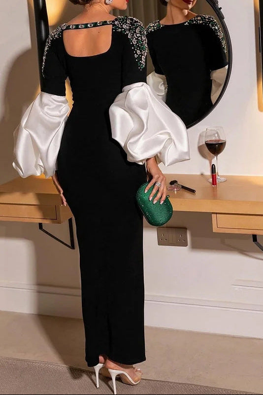 Ellen Black Long Sleeve Rhinestone Contrast Bandage Maxi Dress