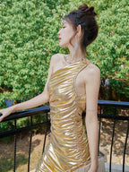 Frederica One-Shoulder Ruched Bodycon Mini Dress - Gold