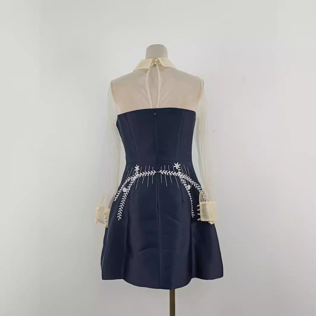 Flowering Girl Women Embroidered Flower Lapel Tulle Mini Dress In Dark Blue