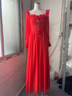 Flowering Girl Women Chiffon 3D Flower Long Sleeve Midi Dress in red