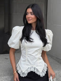 White Irregular Hem Lace Patchwork Puff Sleeves  Short Sleeve Shirt