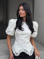 White Irregular Hem Lace Patchwork Puff Sleeves  Short Sleeve Shirt