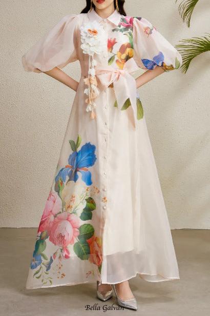 Single-breasted floral printed puff sleeve maxi dress in apricot