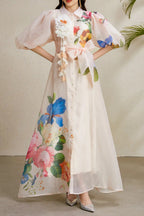 Flowering Girl Women Single-Breasted Floral Printed Puff Sleeve Maxi Dress In Apricot
