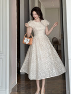 Flowering Girl Women pearl neck Puff sleeve flared lace maxi dress - apricot