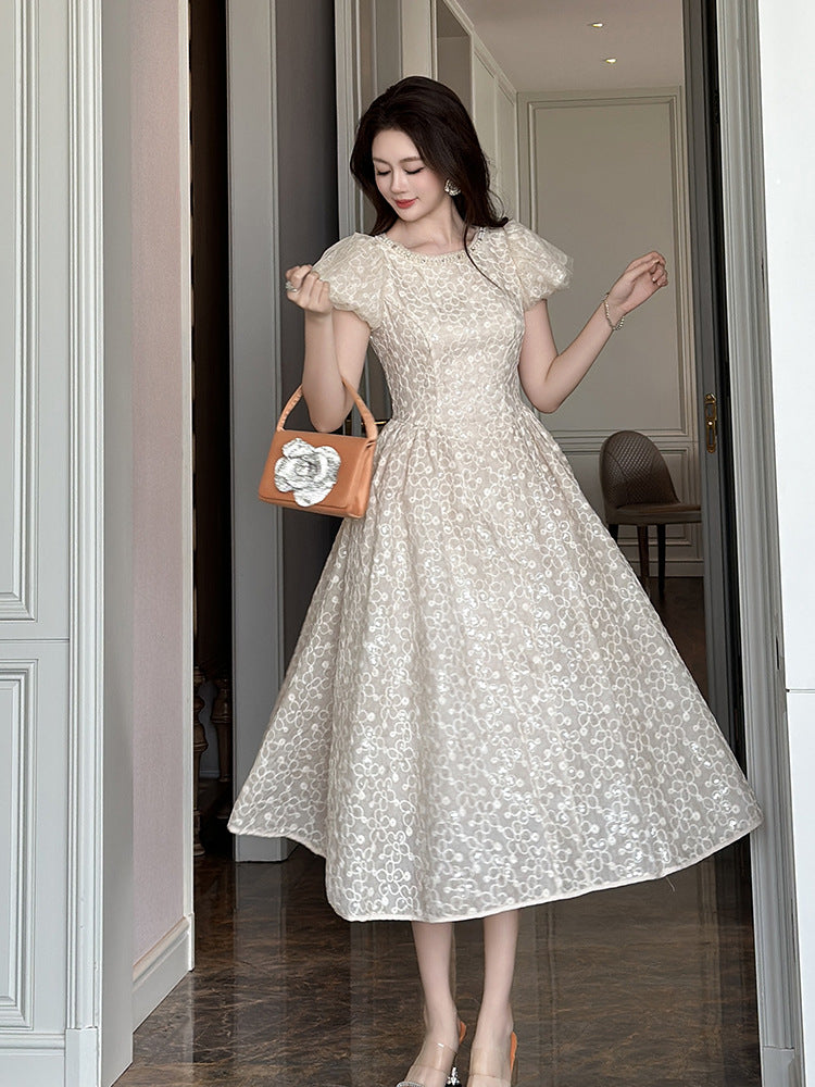 Flowering Girl Women pearl neck Puff sleeve flared lace maxi dress - apricot