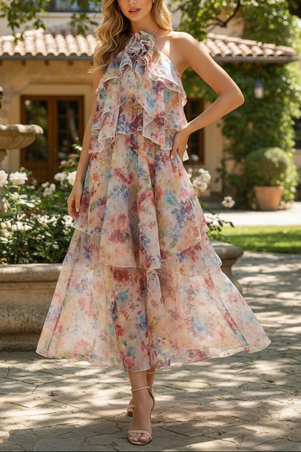 Susie Multicolor Floral Print Layer Halter Midi Dress