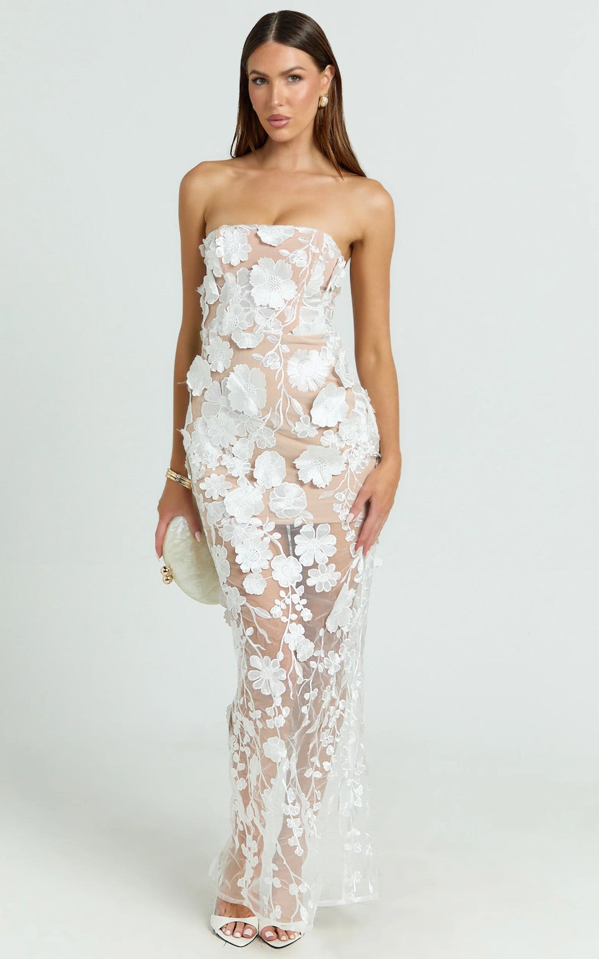 Strapless 3D Floral Mesh Maxi Dress