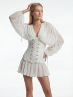 Flowering Girl Women trista white V-neck mesh pleated cinched waist with belt