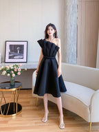 Dolores Ruffled Hem Strapless One-Shoulder Full Midi Dress