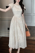 Flowering Girl Women pearl neck Puff sleeve flared lace maxi dress - apricot