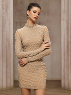 Khaki Tassel Rhinestone Mesh Pearl Hip-Wrap mini Dress