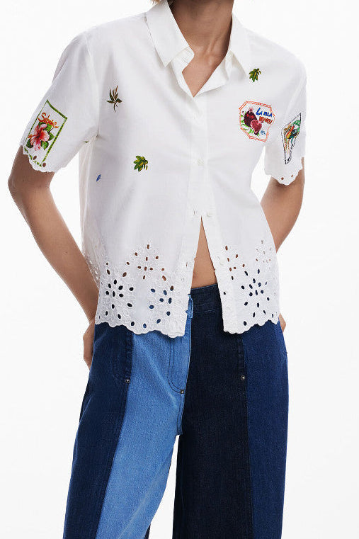 White Embroidered Eyelet Hem Short Sleeve Shirt