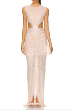 Vivien Flower Sequin Cutout Maxi Dress In Apricot