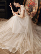 3D Floral Lace Short Sleeve Tulle Floor-Length Evening Gown