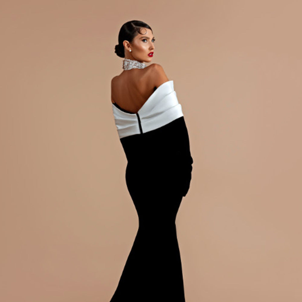 Flowering Girl Women off neck backless diamond bandage black maxi dress