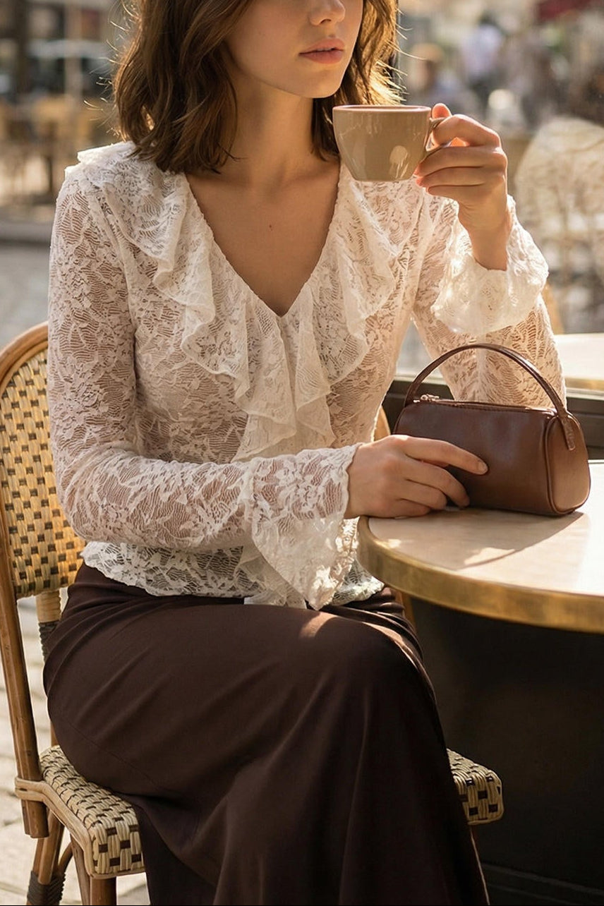 Lace Hollow Flared Sleeve Top