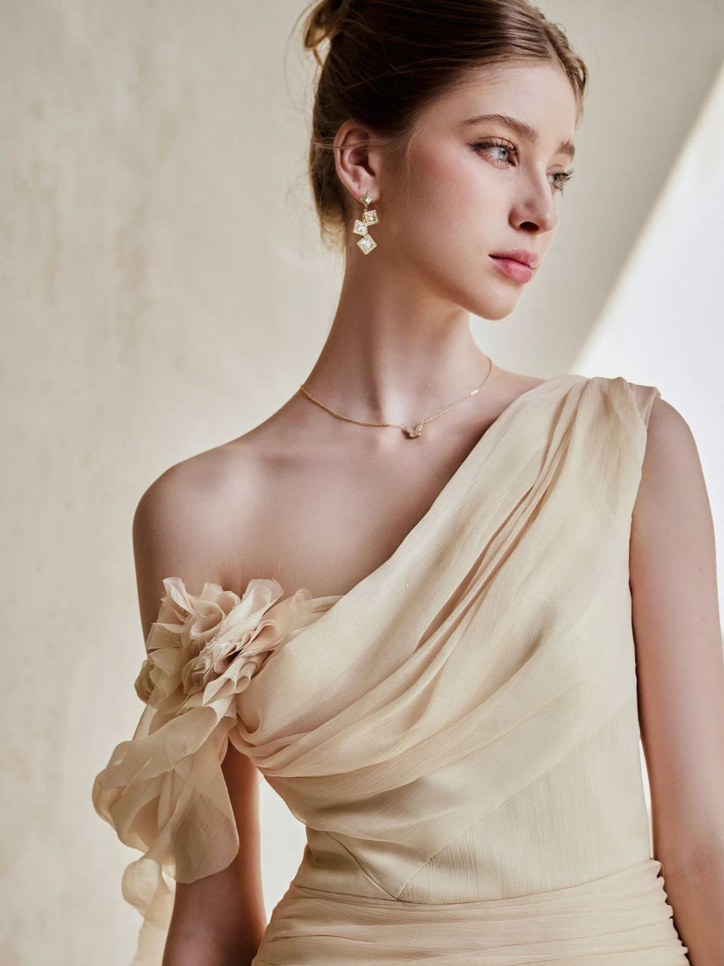 One-Shoulder 3D Flower Ruched Maxi Dress