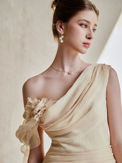 One-Shoulder 3D Flower Ruched Maxi Dress