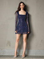 Flowering Girl Women Amanda Navy Long Sleeve Rhinestone Mesh Mini Dress