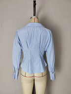 Flowering Girl Women Blue White Stripe Off Shoulder Collared Cinched Waist Peplum Shirt