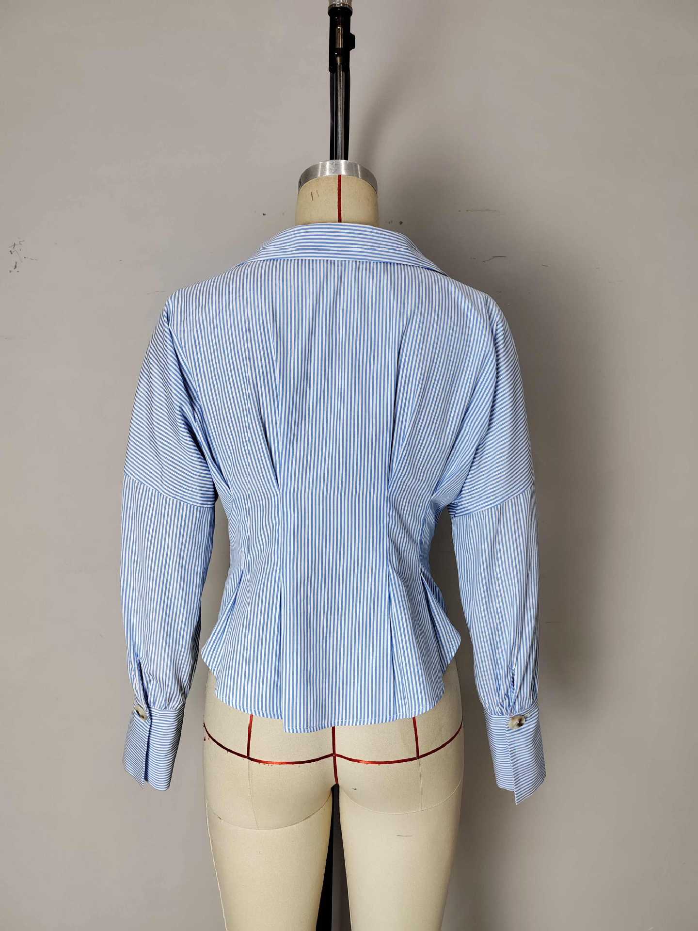 Flowering Girl Women Blue White Stripe Off Shoulder Collared Cinched Waist Peplum Shirt