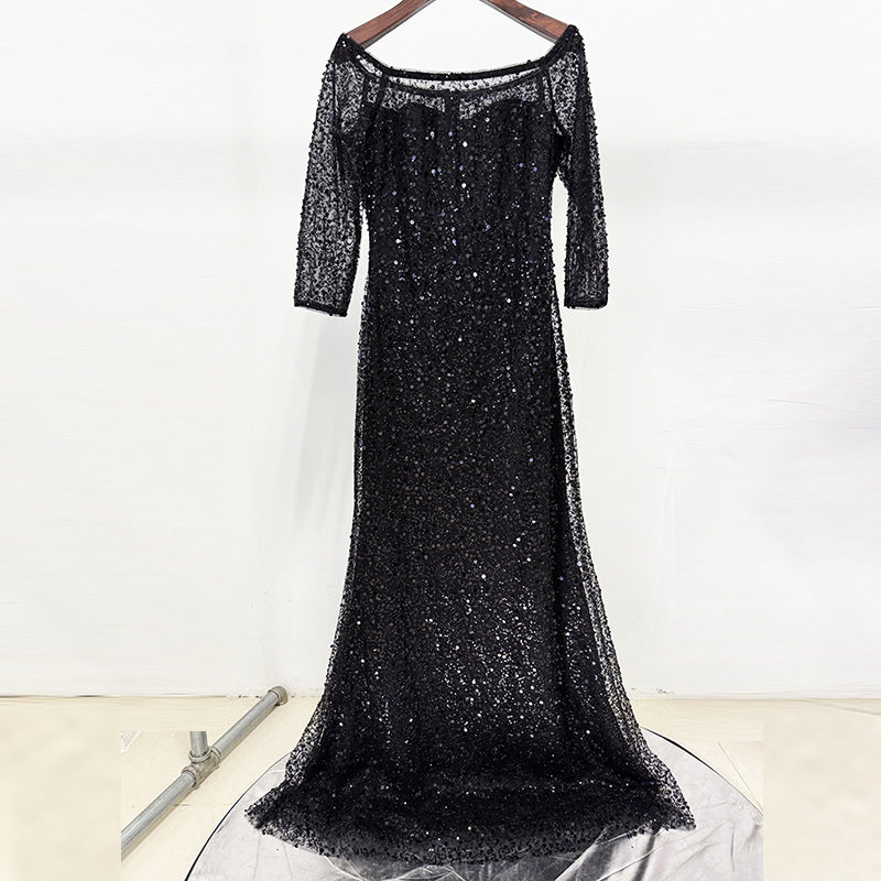pink one-line neck nail bead sequin mesh long dress