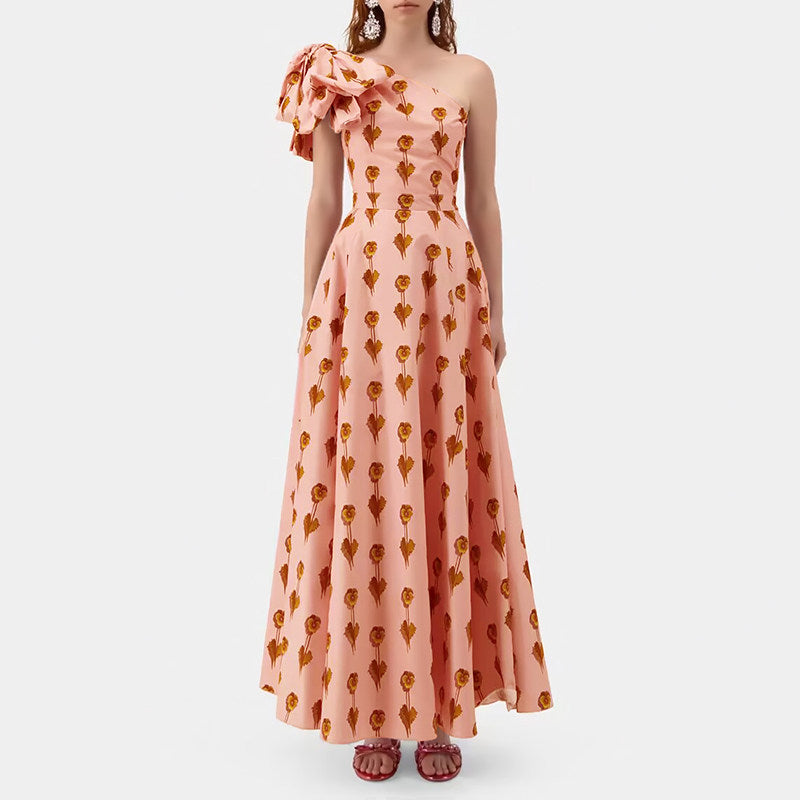 Pink Printed Bows Slanted Shoulders Dress